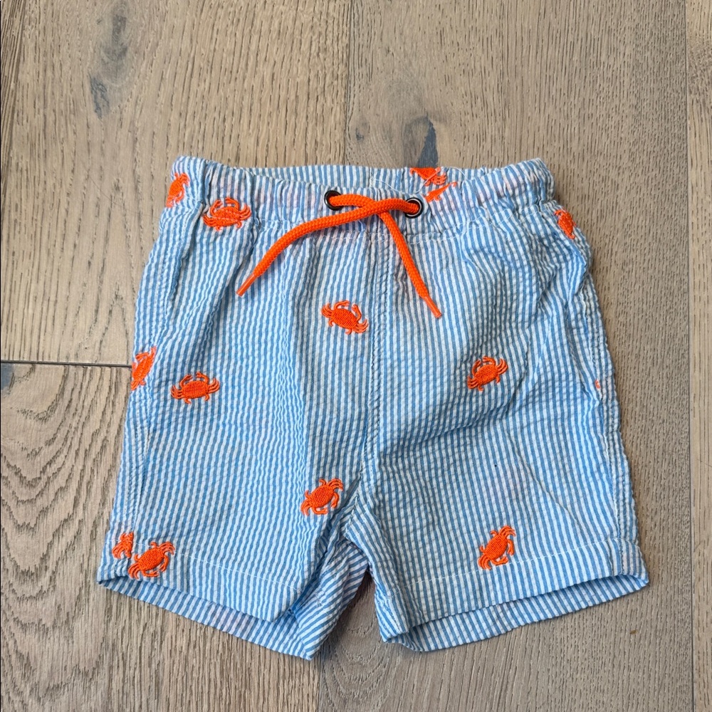 Baby Boden Seersucker Swim Trunks | Orange Crab Detail | 12–18 Months | EUC